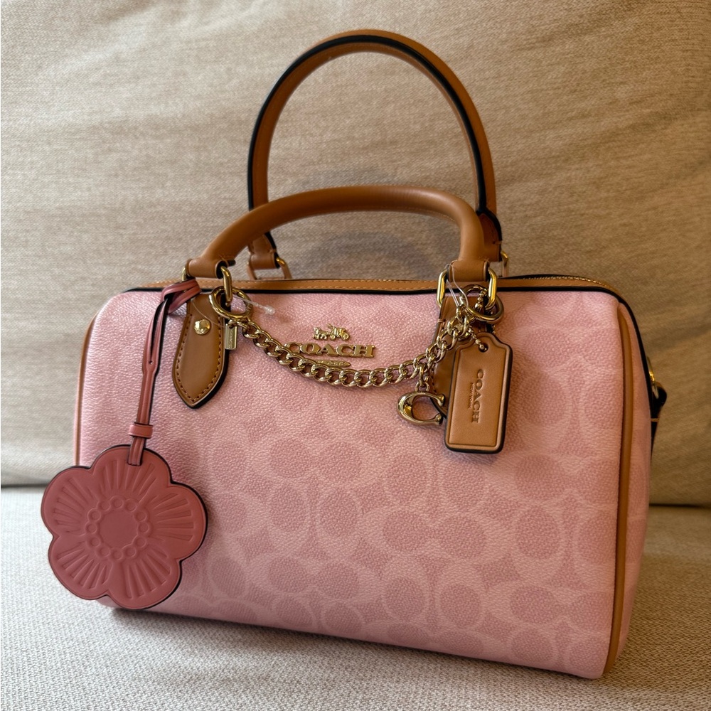 NWT Coach Outlet Rowan Satchel Bag In Signature Canvas with charm CEA18